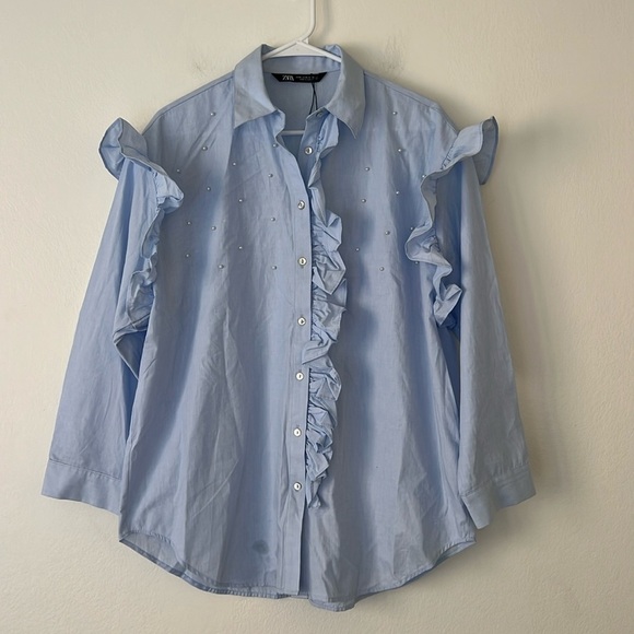 Zara Tops - Zara Blue Longsleeve Women’s Top Size Medium Button Down with Pearls